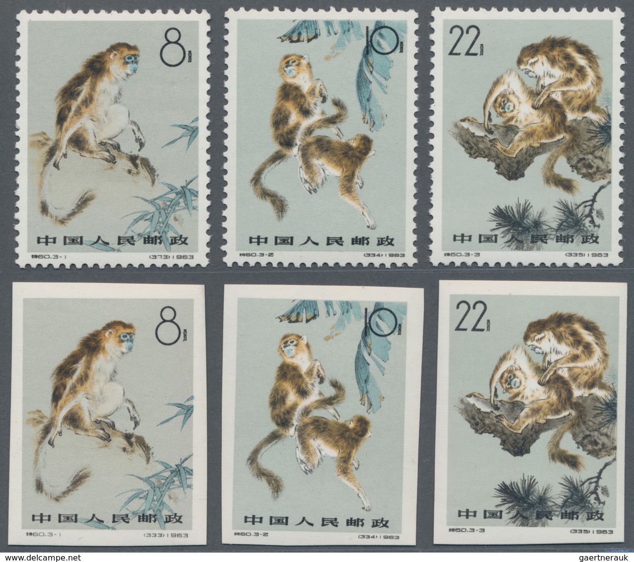 China - Volksrepublik: 1963, Snub-nosed Monkeys (S60), 2 Complete Sets Of 3, Both Perforated And Imp - Lettres & Documents