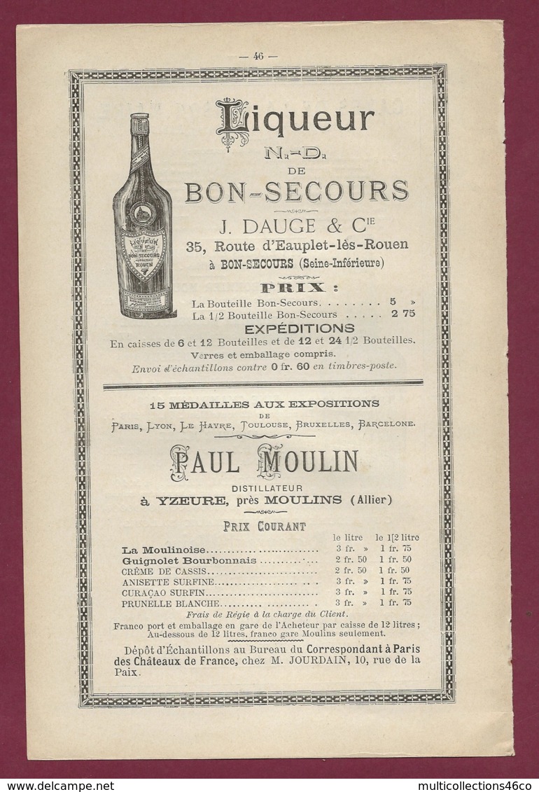 160120A - PUBLICITE XIXème - ALCOOL - Liqueur ND De BON SECOURS J DAUGE à Bon Secours Paul MOULIN à YZEURE Distillateur - Advertising