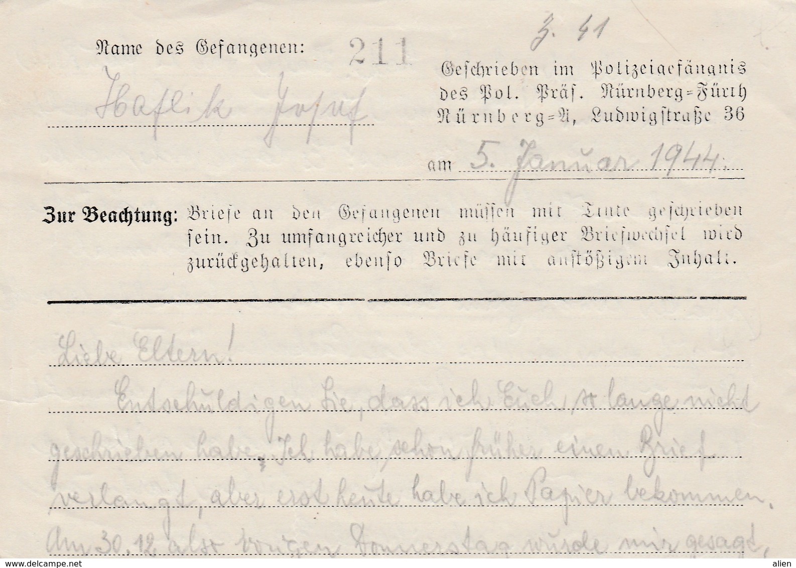 Brief Polizeigefängnis Nurnberg 5.01.1944 - Enkel De Inhoud Maar RR. - WW II (Covers & Documents)