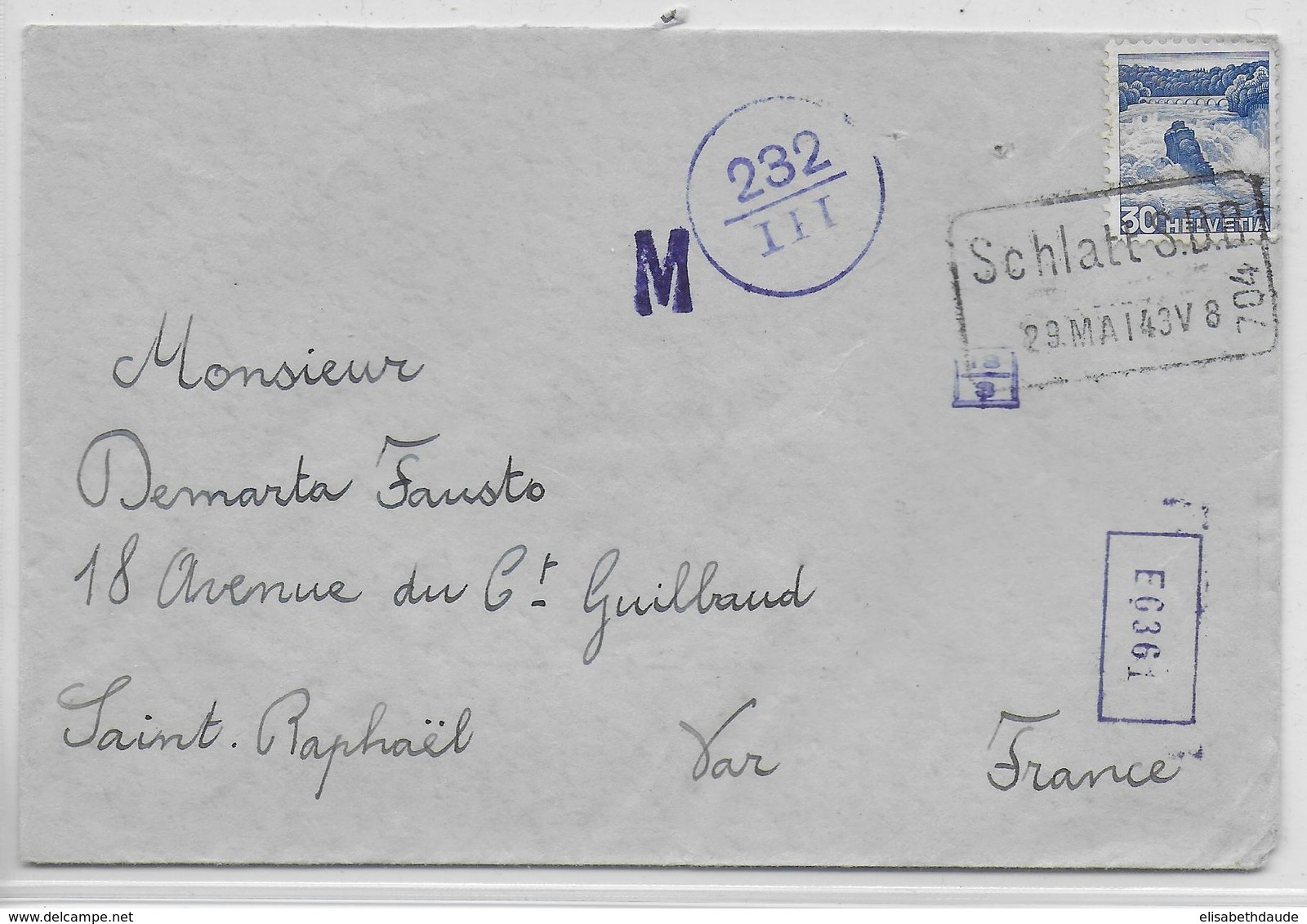 1943 - SUISSE - ENVELOPPE Avec CACHET De GARE SCHLATT S.B.B (RARE) + CENSURE ITALIENNE => ST RAPHAËL (VAR) - Marcophilie