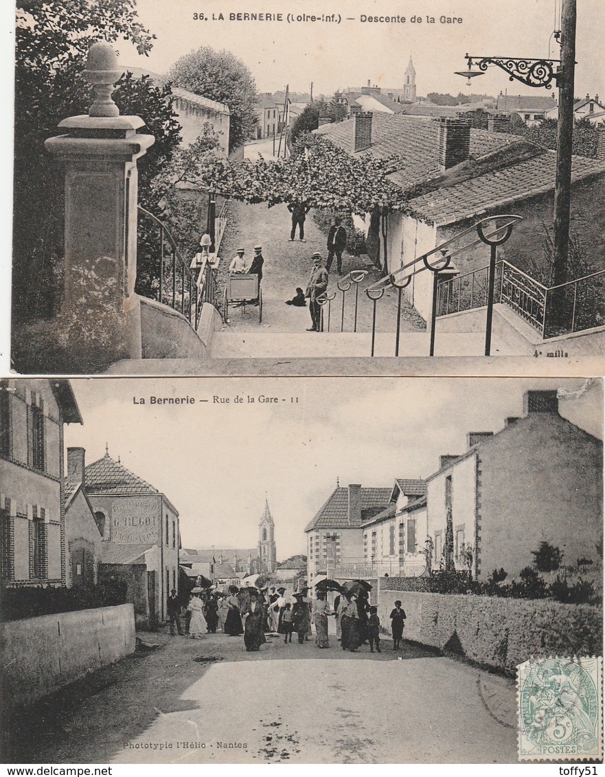 2 CPA:LA BERNERIE (44) DESCENTE DE LA GARE,RUE DE LA GARE ANIMÉE..ÉCRITES - Autres & Non Classés