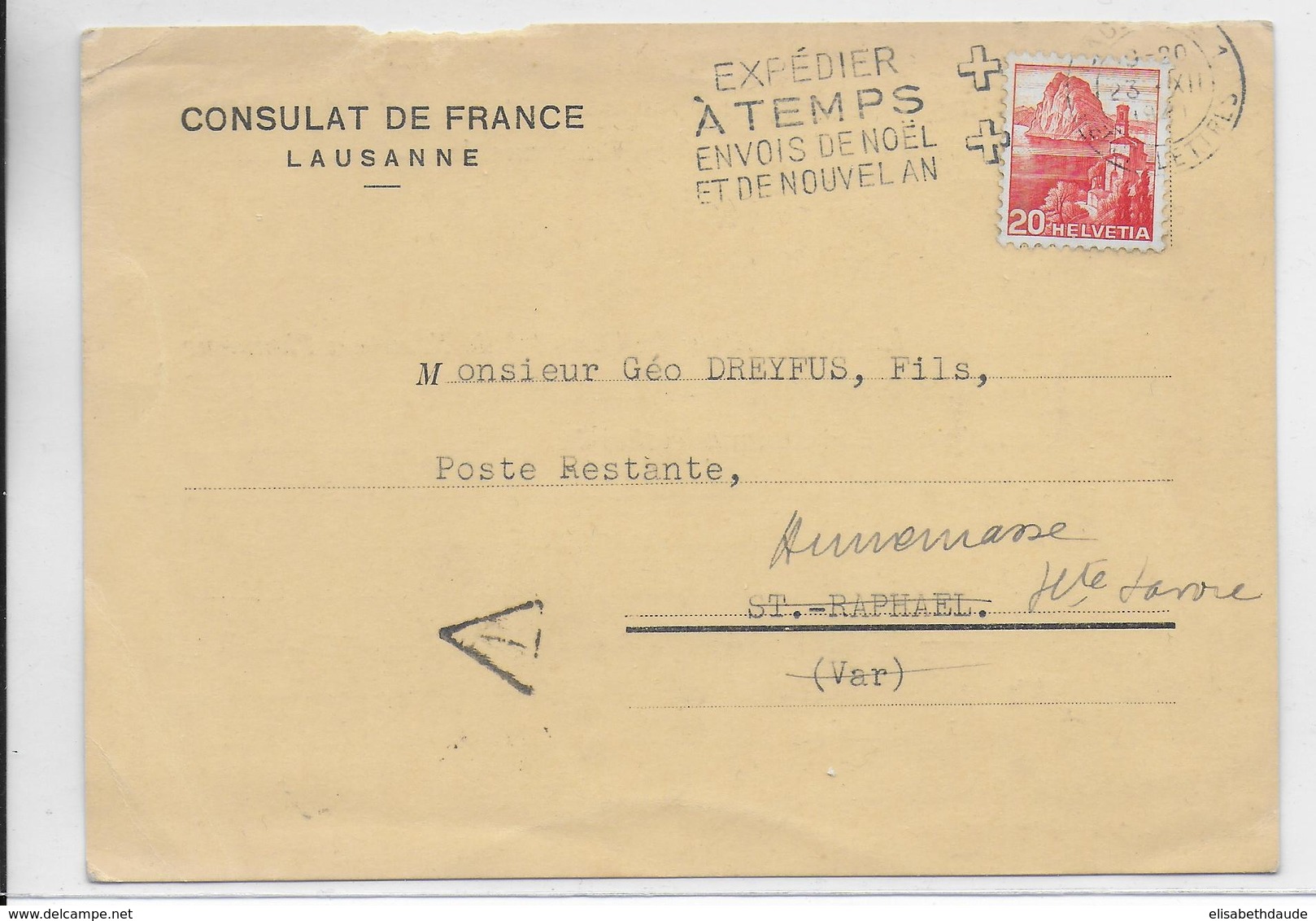 1941 - SUISSE - CP TAXEE  CONSULAT De FRANCE à LAUSANNE REPONSE REFUSEE à POSTE RESTANTE ! => ST RAPHAËL (VAR) - JUDAÏCA - Guerra Del 1939-45