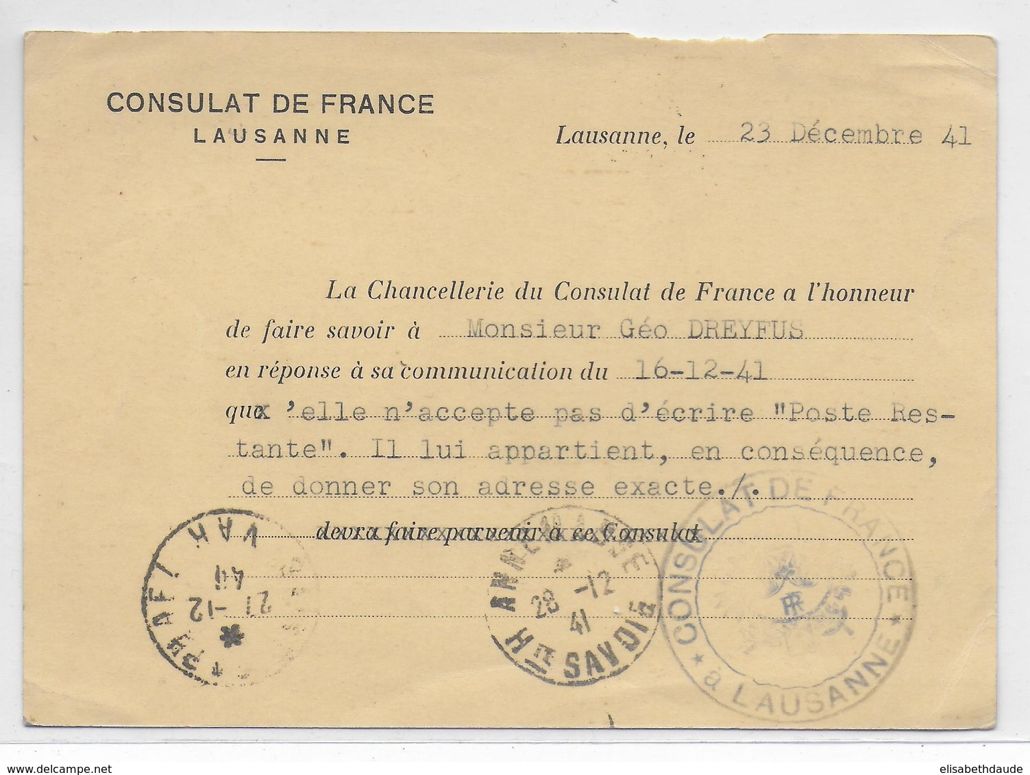 1941 - SUISSE - CP TAXEE  CONSULAT De FRANCE à LAUSANNE REPONSE REFUSEE à POSTE RESTANTE ! => ST RAPHAËL (VAR) - JUDAÏCA - Guerra Del 1939-45