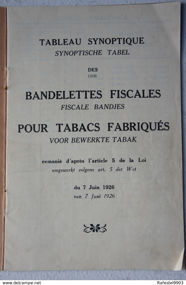Liste Prix Bandelettes Fiscales Pour Tabac 1926 Synoptische Tableau Des Fiscale Bandjes Voor Bewerkte Tabak Cigare - Andere & Zonder Classificatie