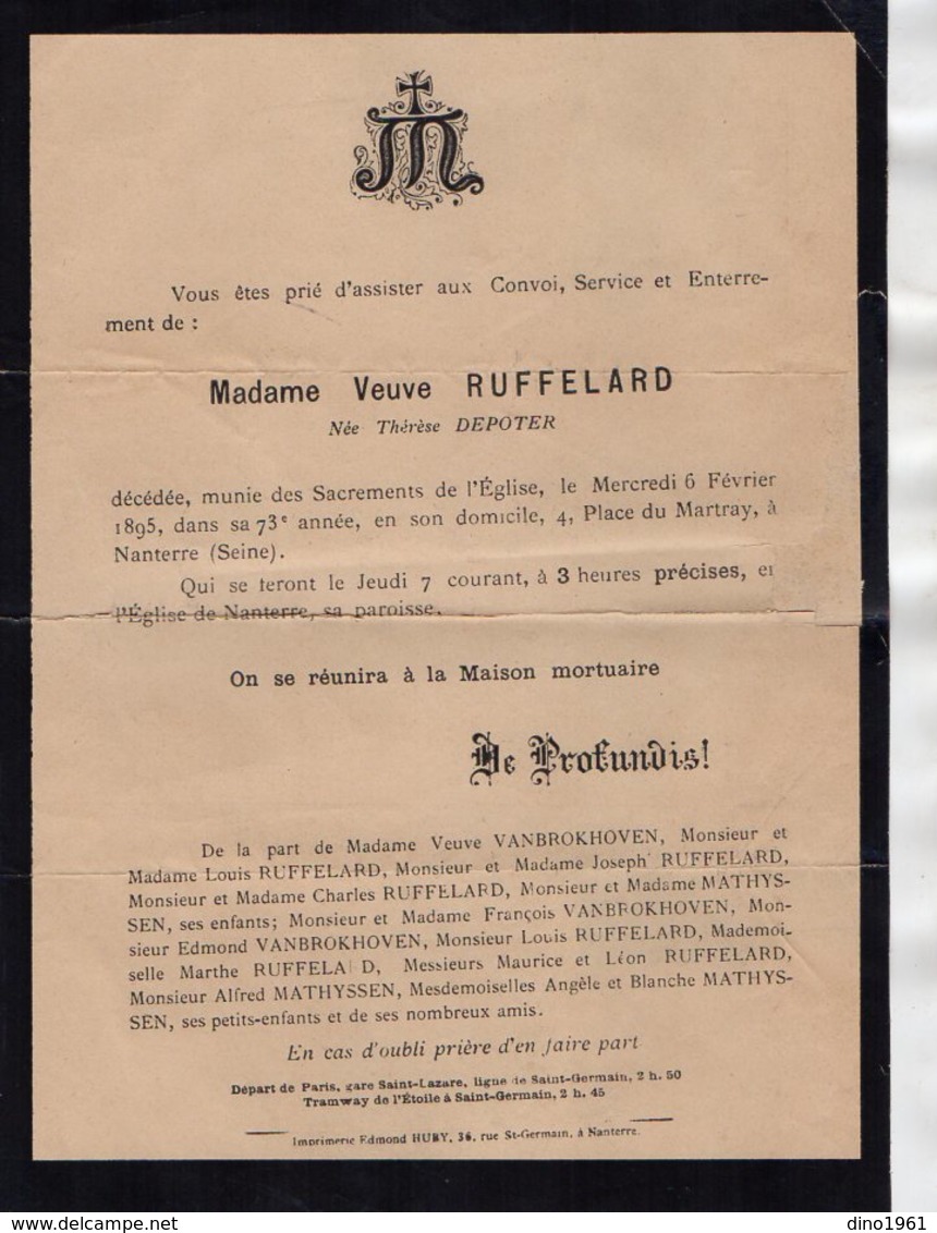 VP16.683 - NANTERRE 1895 - Généalogie - Faire - Part De Décès De Mme Veuve RUFFELARD Née DEPOTER - Décès