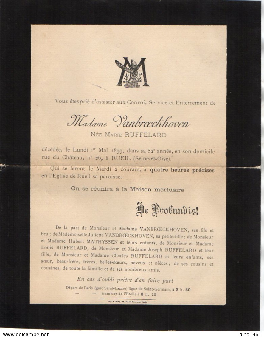 VP16.684 - RUEIL 1899 - Généalogie - Faire - Part De Décès De Mme VANBROECKHOVEN Née Marie RUFFELARD - Décès