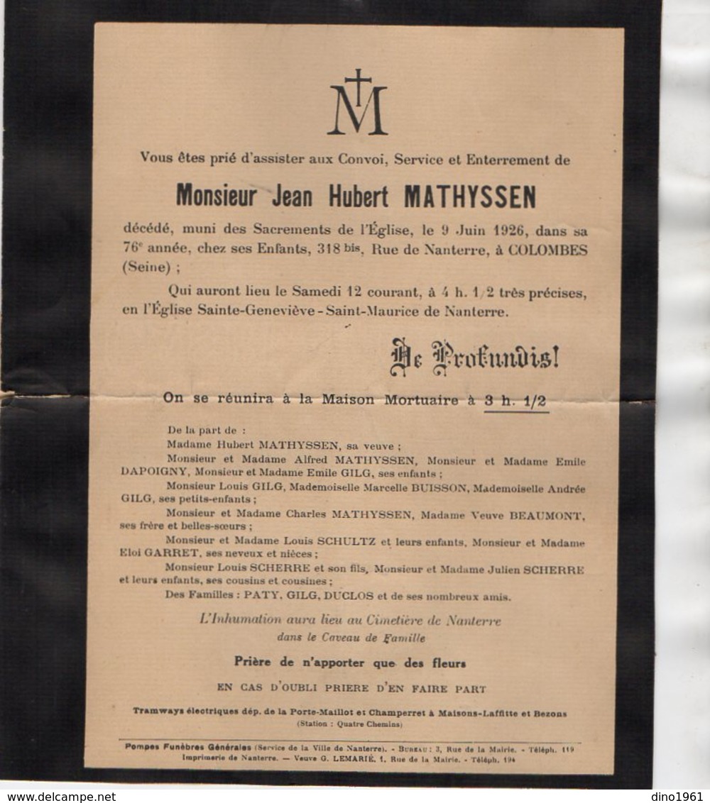 VP16.685 - COLOMBES 1926 - Généalogie - Faire - Part De Décès De Mr Jean Hubert MATHYSSEN - Décès