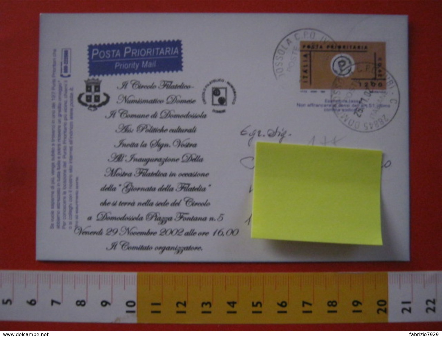 PC.4 ITALIA CARTOLINA POSTALE - 1999 PROVA CARD POSTA PRIORITARIA £ 1200 REPIQUAGE Stampa DOMODOSSOLA 2002 GIORNATA PHIL - Interi Postali