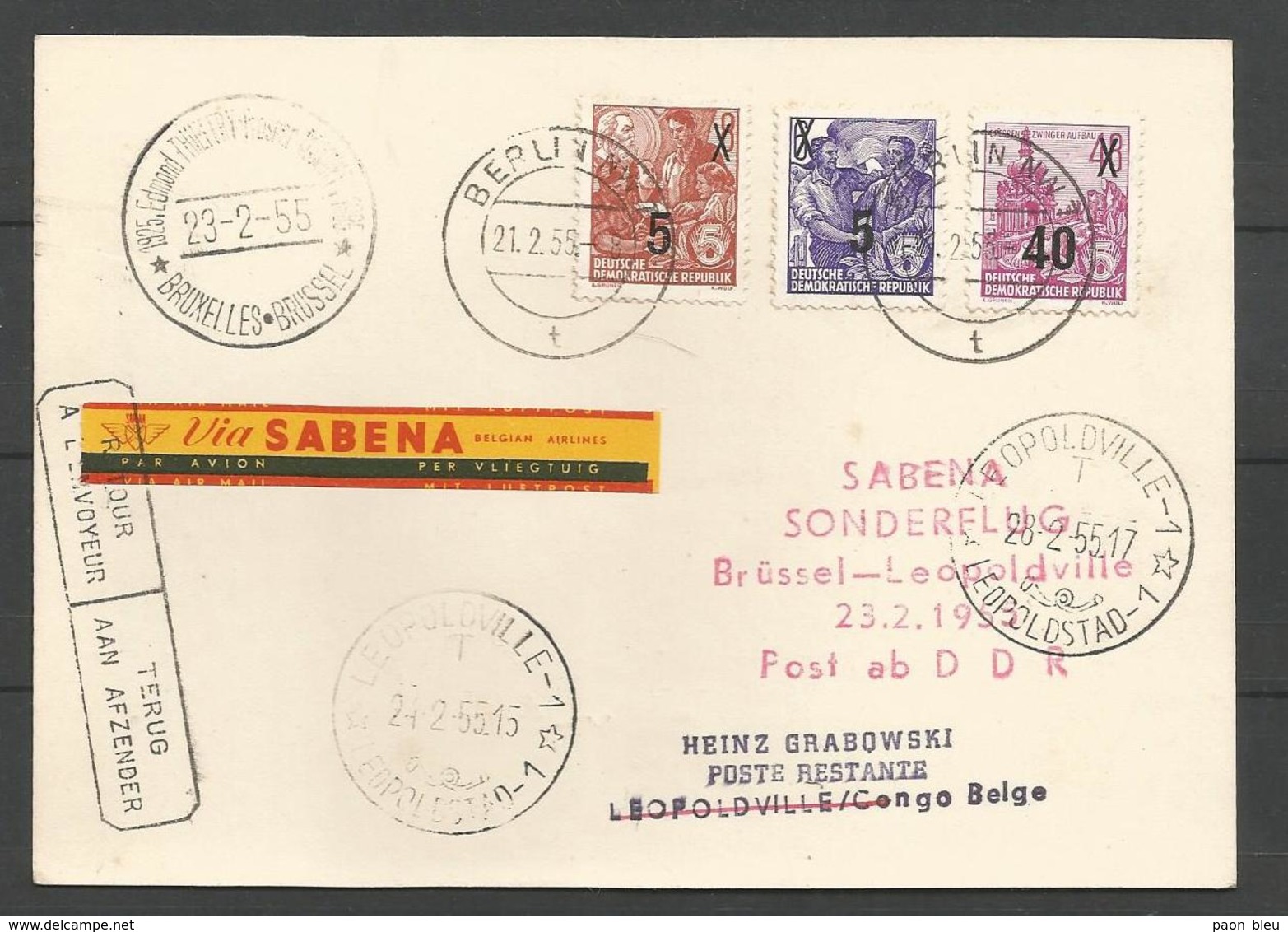 Aérophilatélie - DDR - Carte 1955 - Sonderflug Sabena Bruxelles-Leopoldville - Berlin - Andere & Zonder Classificatie