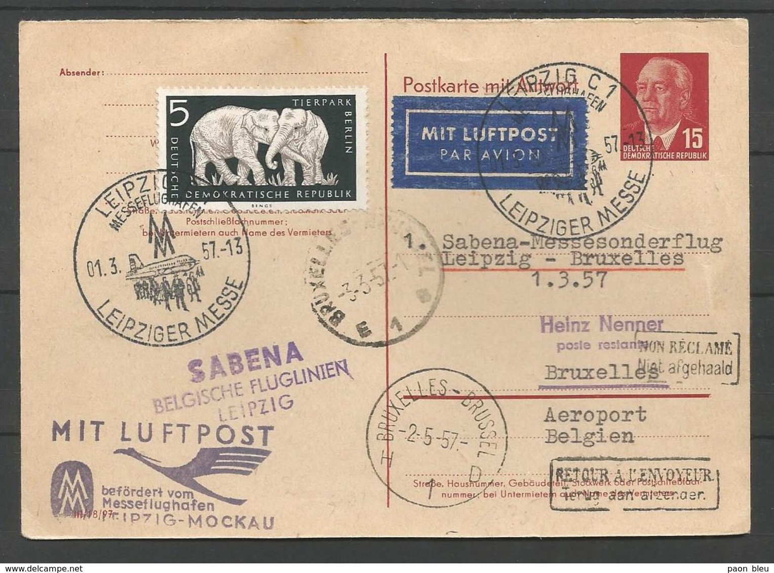 Aérophilatélie - DDR - Carte 1957 - Luftpost Sabena Leipziger Messe - éléphants - Andere & Zonder Classificatie