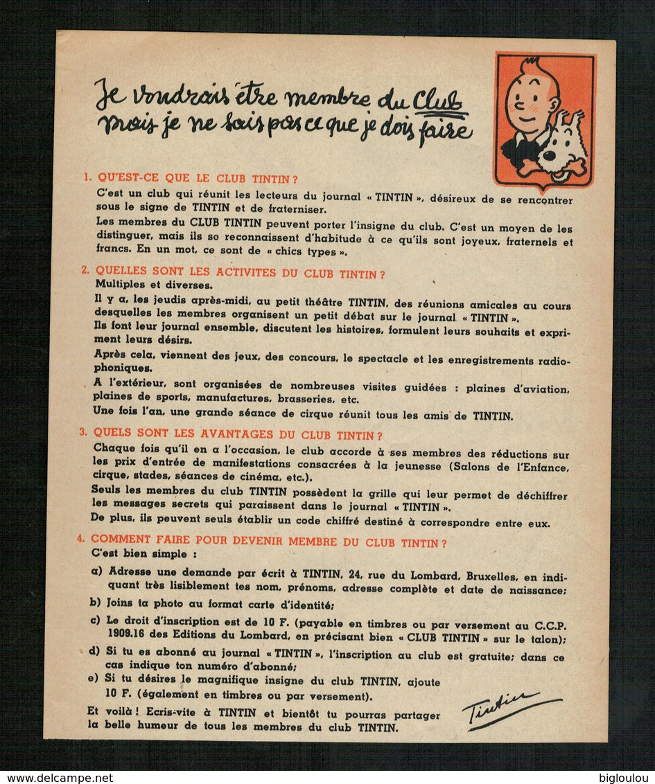 Rare - Ancien Document - Publicité Pour Le CLUB TINTIN - Vers 1955 - Advertentie