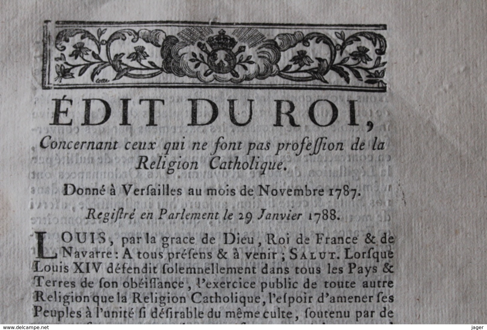 Edit Du ROI 1787 Concernant  Ceux Qui Ne Sont Pas De Religion  Catholique - Documentos Históricos