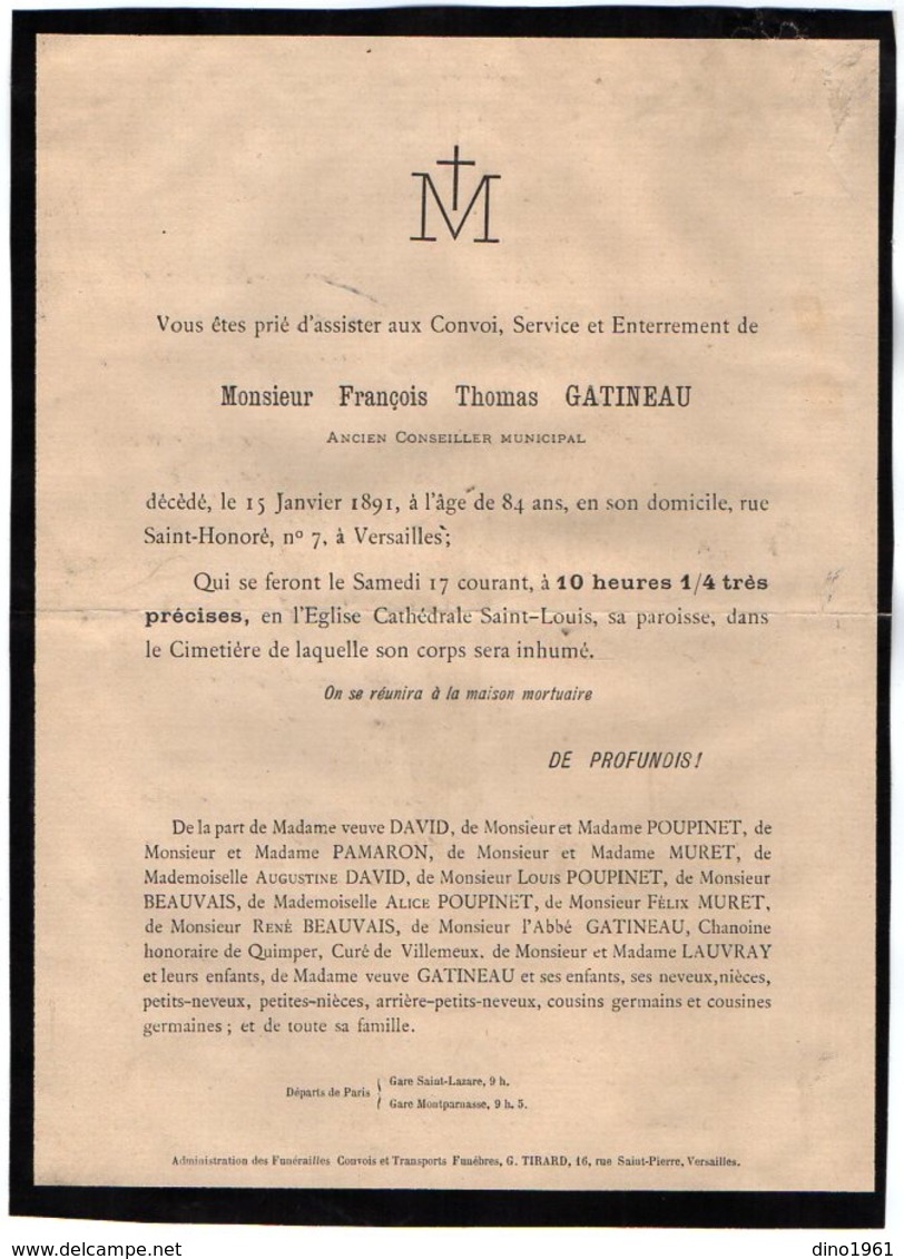 VP16.688 - VERSAILLES 1891 - Généalogie - Faire - Part De Décès De Mr F. T. GATINEAU Ancien Conseiller Municipal - Décès