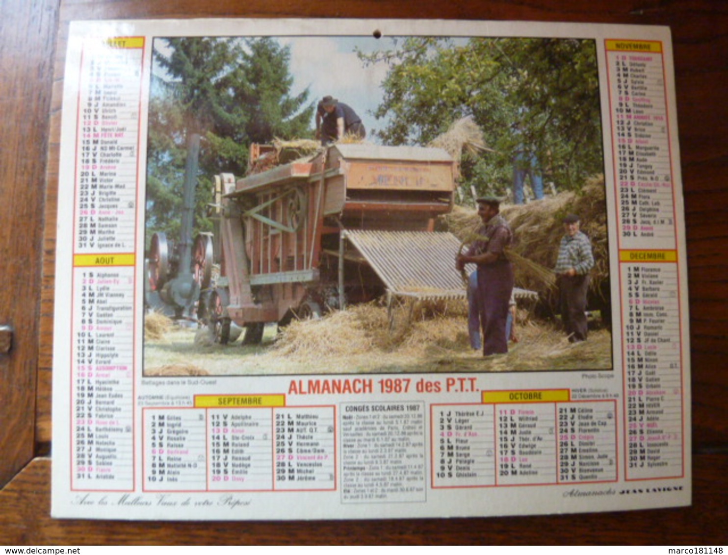 Calendrier Almanach 1987 Des P.T.T.- Paysage Du Centre (18) - Battage Dans Le Sud Ouest - Autres & Non Classés