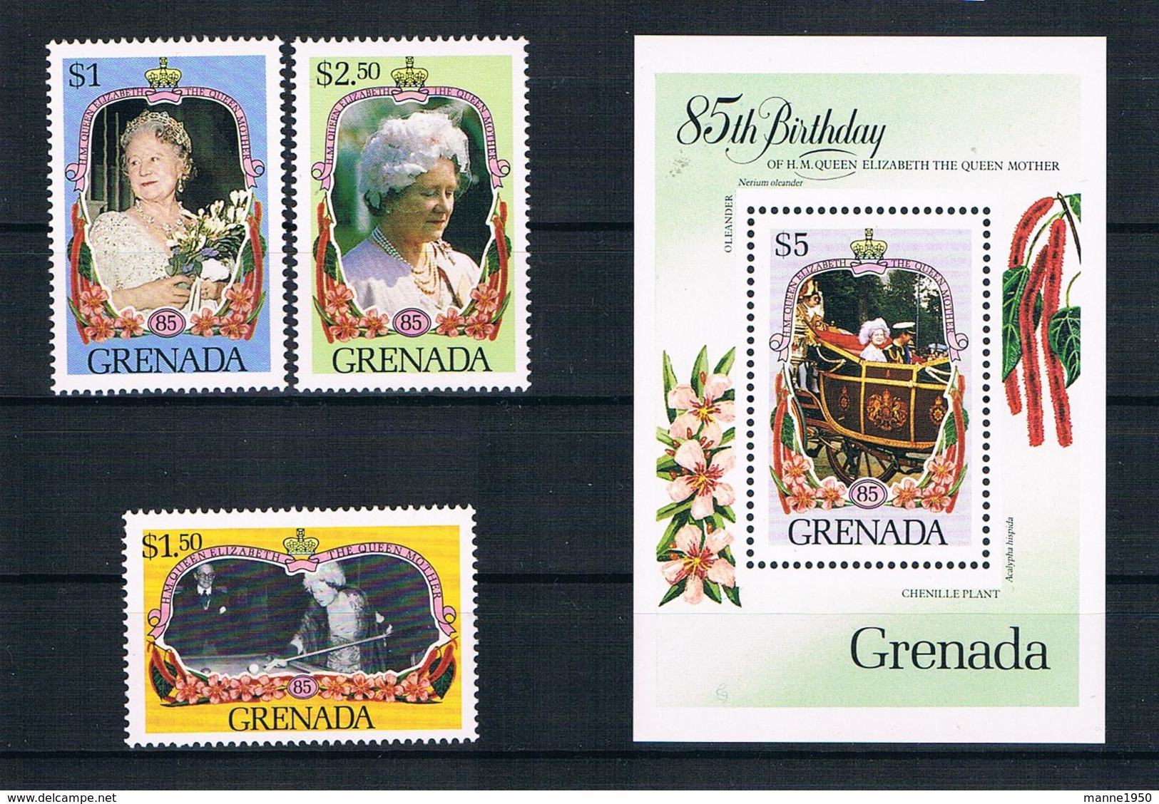 Grenada 1985 Königin Mi.Nr. 1394/96 Kpl. Satz + Block 142 ** - Grenade (1974-...)