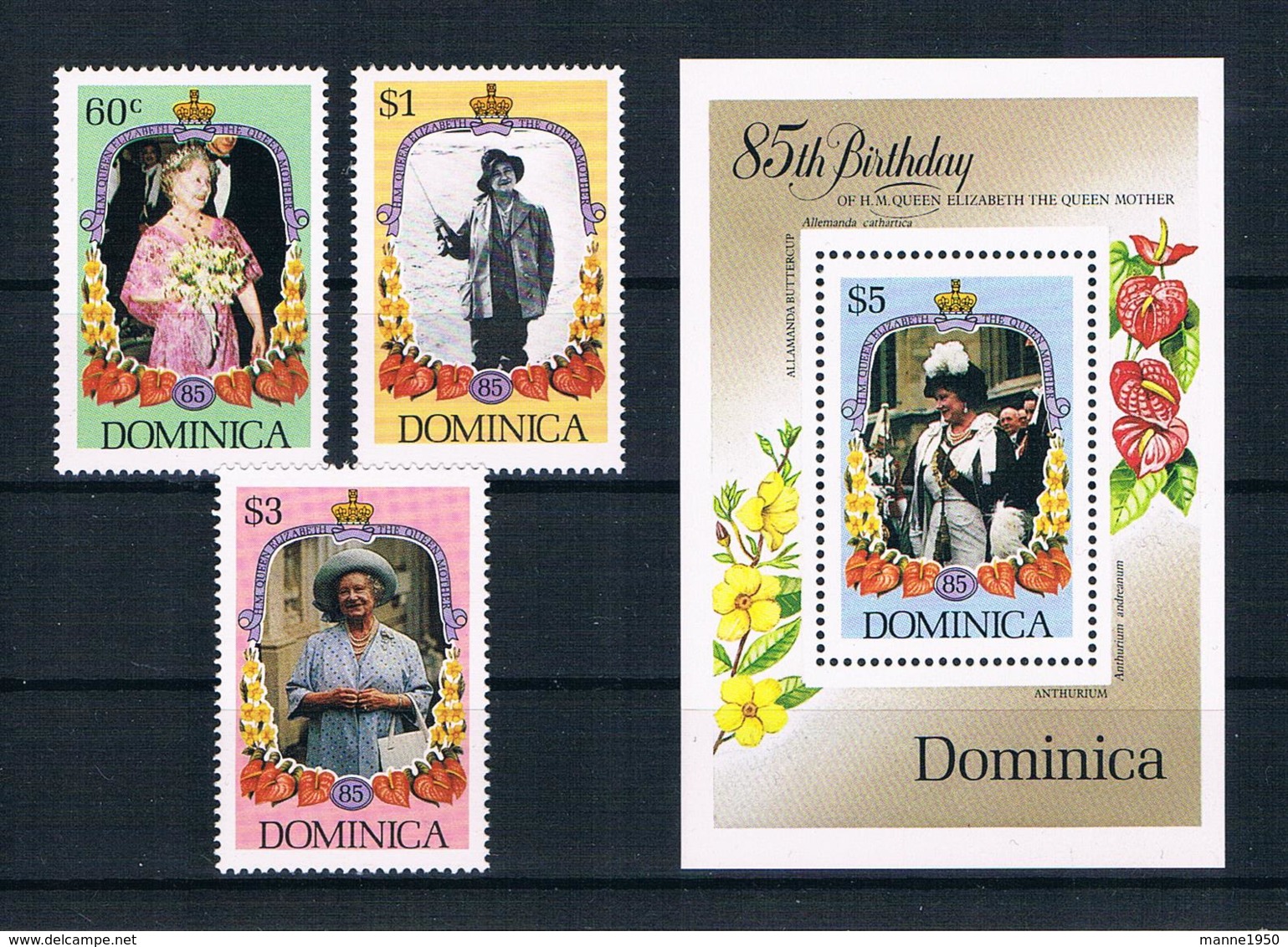 Dominica 1985 Königin Mi.Nr. 915/17 Kpl. Satz + Block 99 ** - Dominica (1978-...)
