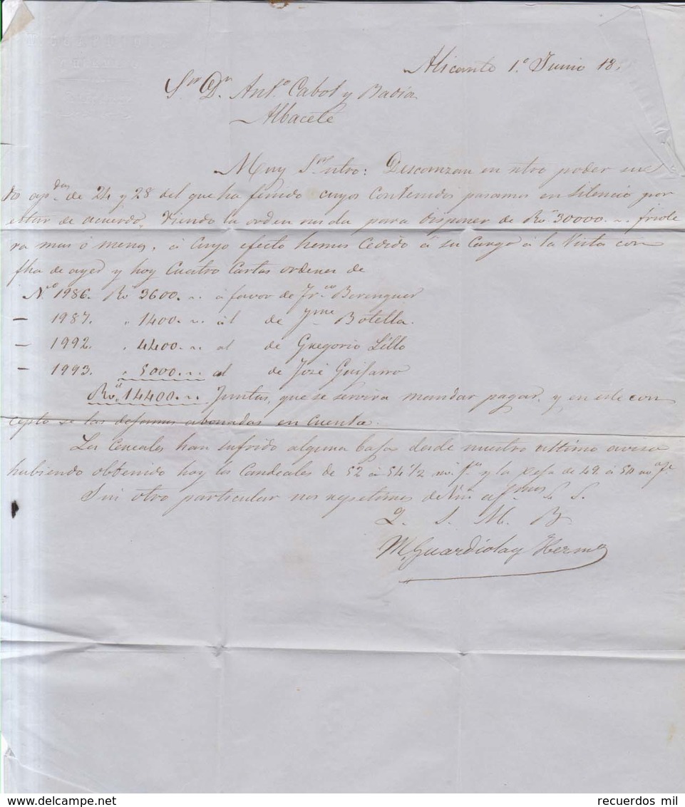 Año 1855 Edifil 40 Isabel II Carta Matasellos Rejilla Rojo Alicante Tipo I Membrete M.Guardiola Y Hermano - Lettres & Documents