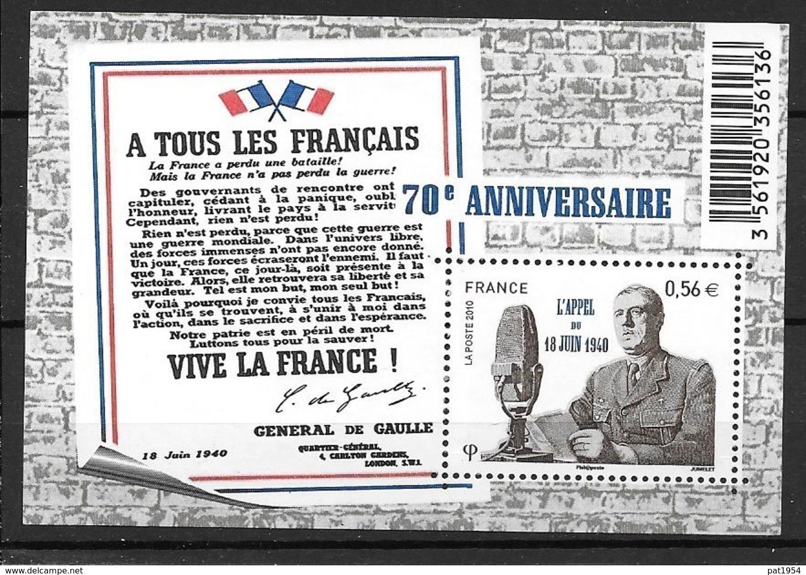 France 2010 Bloc Feuillet N° F4493 Neuf De Gaulle Appel Du 18 Juin à La Faciale - Mint/Hinged