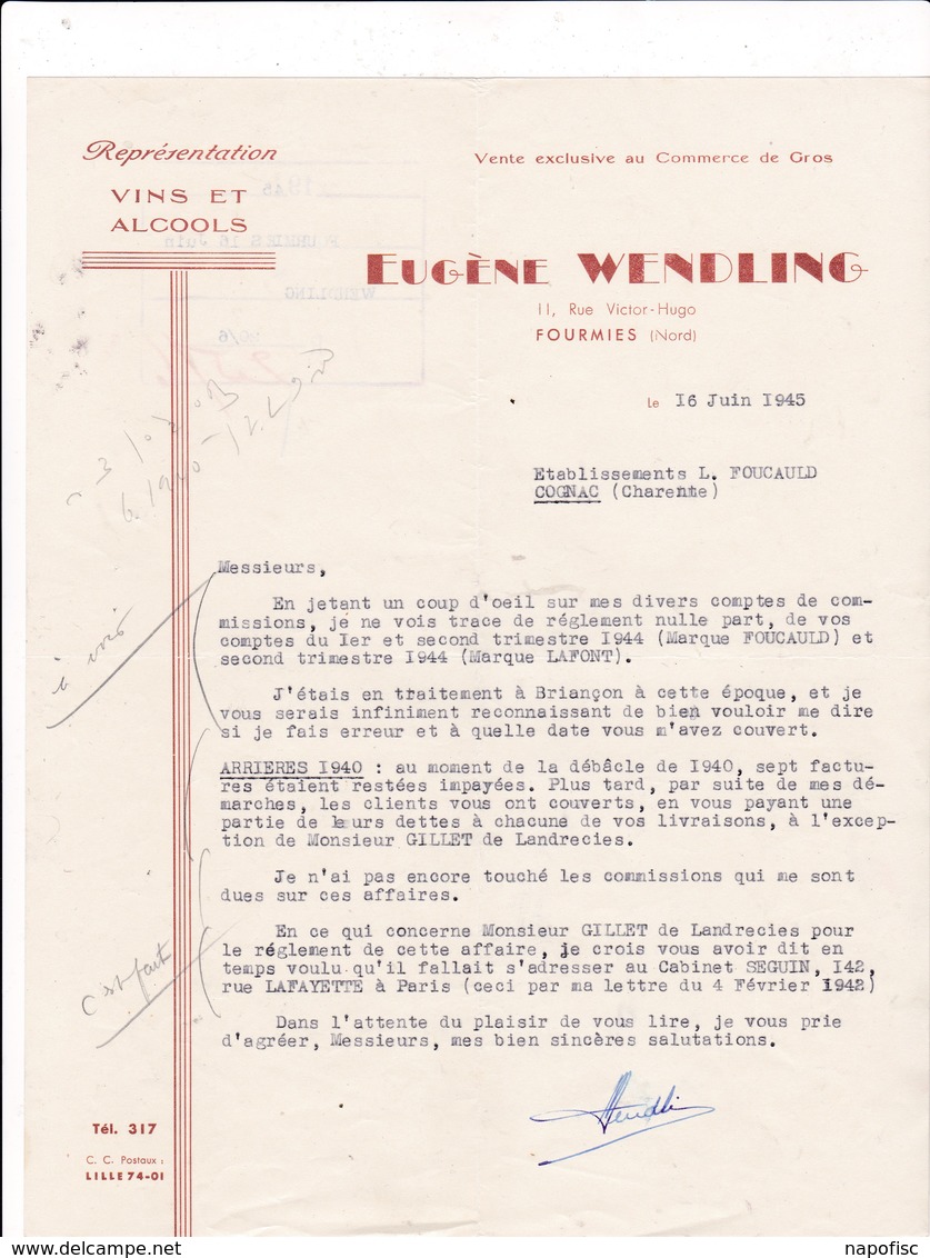 59-E.Wendling....Représentation Vins & Alcools...Fourmies..(Nord)..1945 - Autres & Non Classés