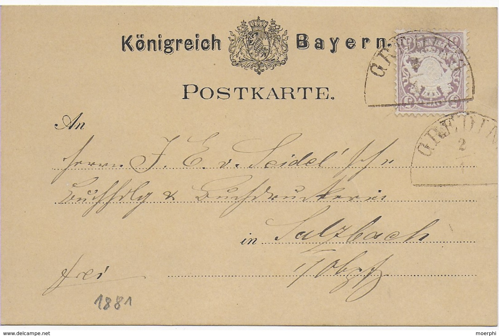 Bayern 1881 Postkarte 5 Pfennig - Halbkreis-Stempel GREDING - Altri & Non Classificati