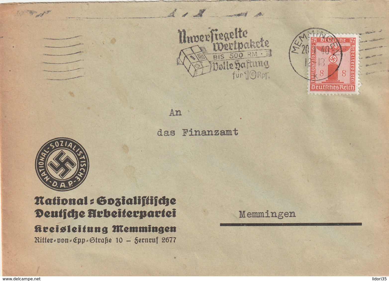 Deutsches Reich / 1940 / Dienstmarke Mi. 149 Masch.-Stempel Memmingen "Wertpakete", Abs. NSDAP-Kreisleitung (5137) - Officials