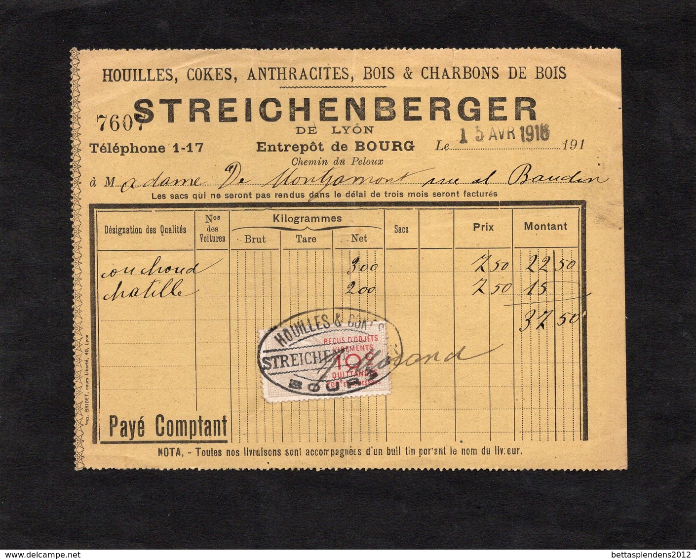 Houilles, Cokes, Anthracites, Bois & Charbons De Bois - STREICHENBERGER De LYON - Entrpôts De BOURG - Sonstige & Ohne Zuordnung