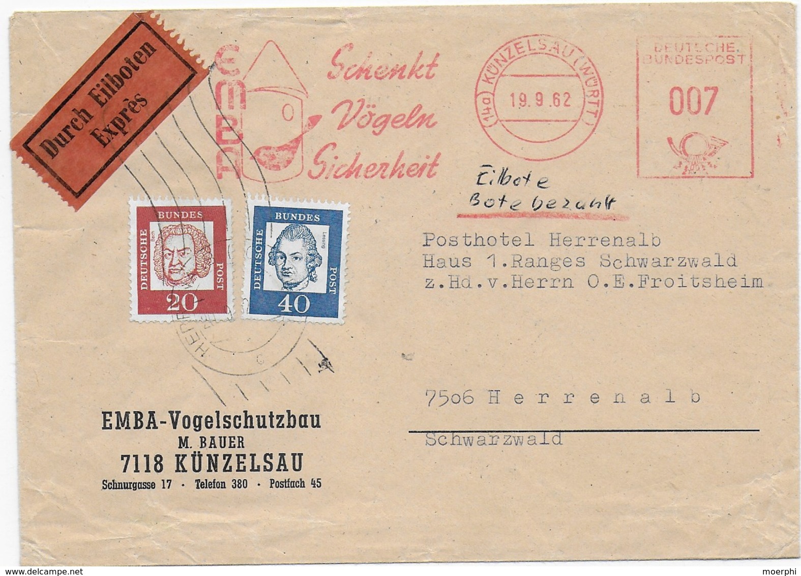 Bundespost 1962 - Eilbrief EMBA- Vogelschutzbau - Freistempel -EMBA Schenkt Vögeln Sicherheit - Sonstige & Ohne Zuordnung