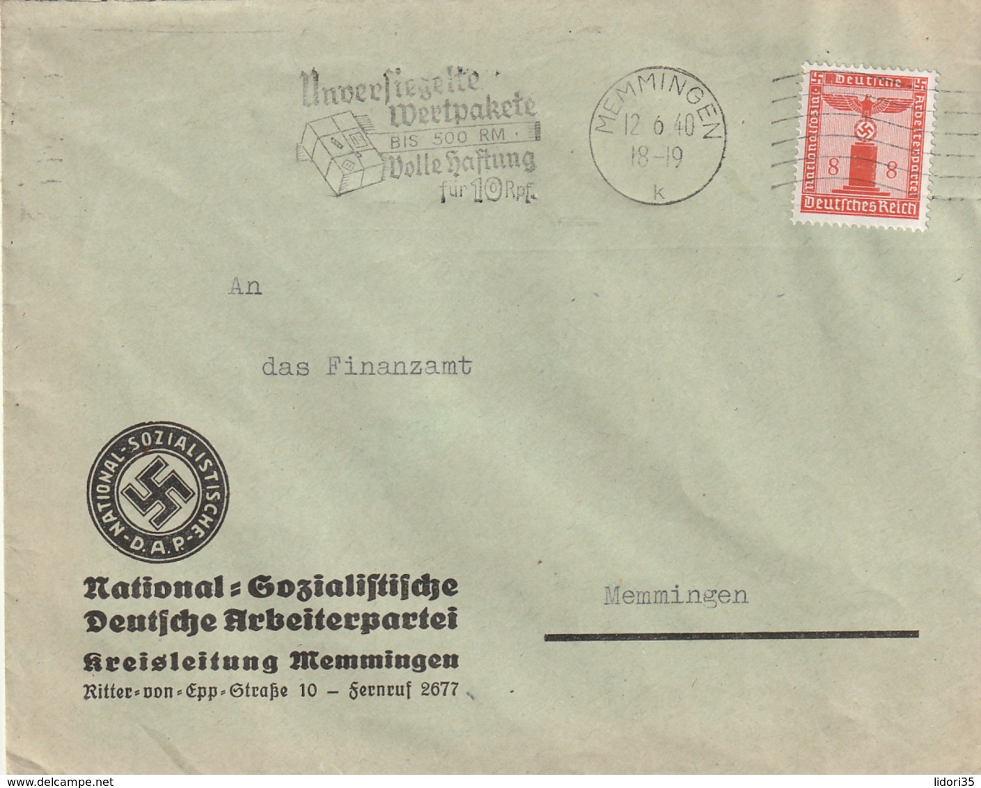 Deutsches Reich / 1940 / Dienstmarke Mi. 149 EF Auf Brief, Masch.-o Memmingen "Wertpakete", Abs.NSDAP-Kreisleitg. (5146) - Officials