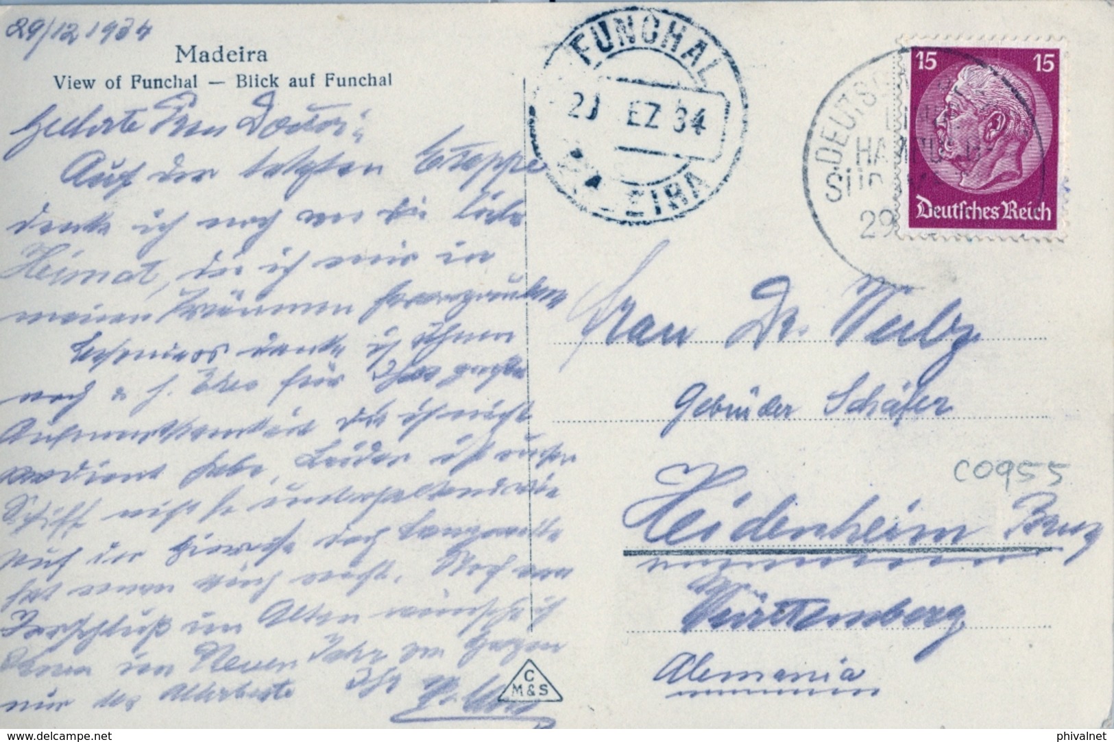 1934 , FUNCHAL / MADEIRA , T. P. CIRCULADA , MAT. DE LA HAMBURG - SÜDAMERIKA LINE , FECHADOR DE FUNCHAL - Funchal