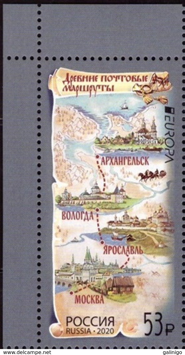 2020-2584 Russia 1v-corner EUROPA CEPT Ancient Postal Routes .Ships/ Horses/ Map  MNH - Ungebraucht