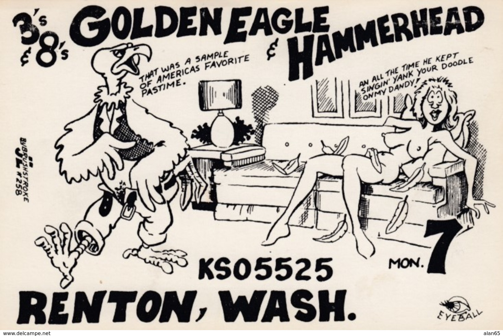QSL Card, Risque Humor Semi-nude, Renton Washington Location, Golden Eagle & Hammerhead - Radio Amateur