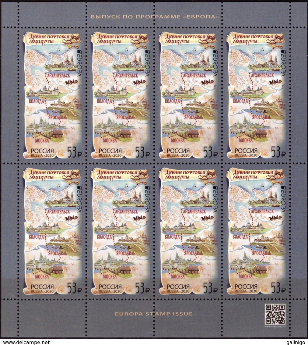 2020-2584 Russia M/S EUROPA CEPT Ancient Postal Routes .Ships/ Horses/ Map  MNH - Blocks & Sheetlets & Panes