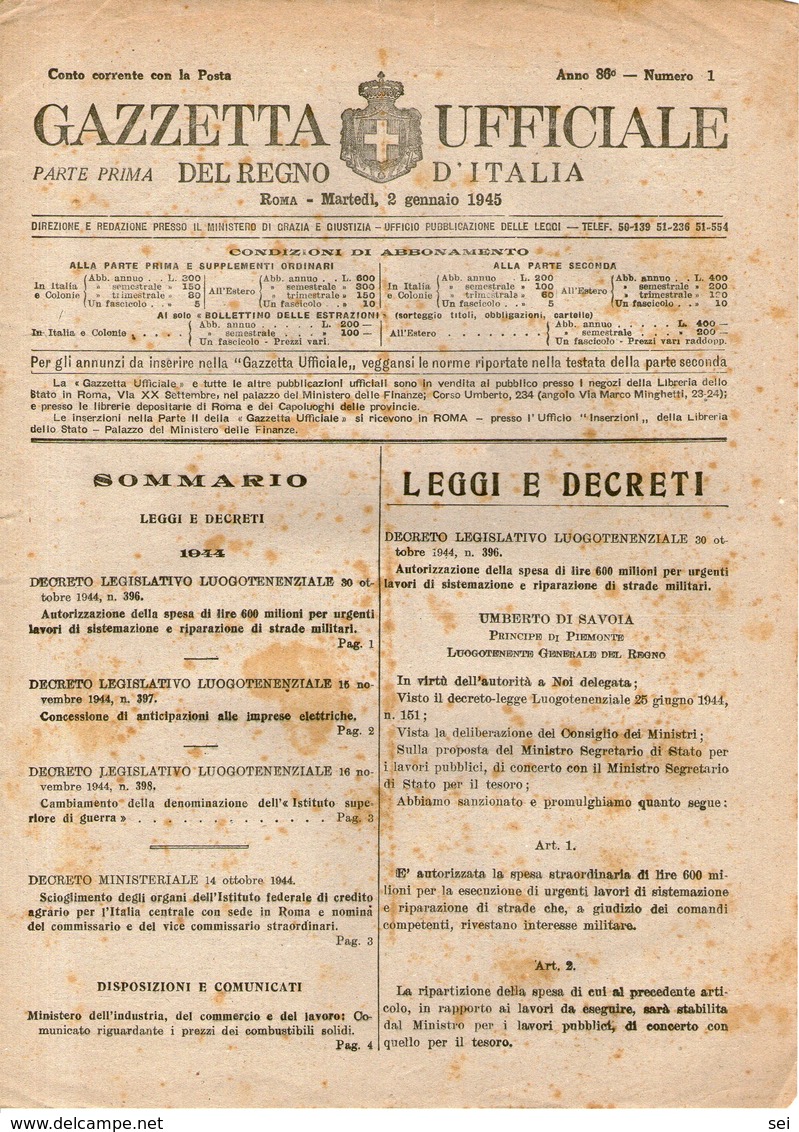 B 2997  -  Gazzetta Ufficiale Del Regno D'Italia,  1945 - Decretos & Leyes