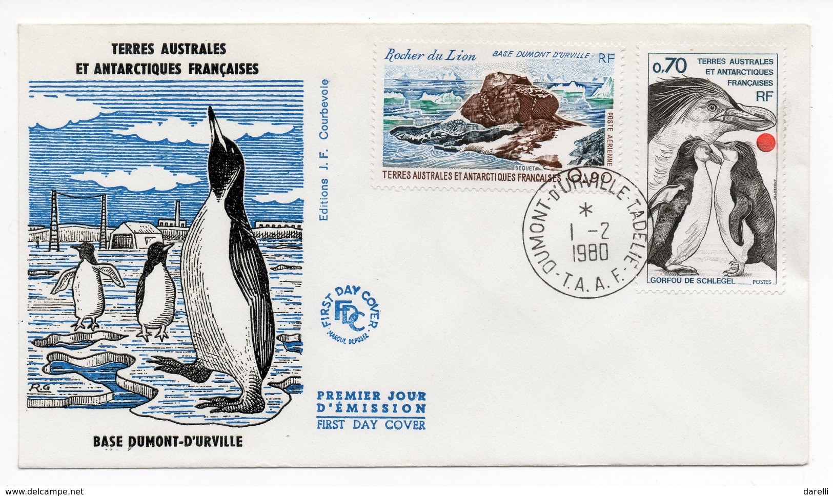 FDC TAAF 1980 - Base Dumont-d'Urville - Rocher Du Lion  YT PA 57 Et Gorfou De Schlegel YT 81 - FDC