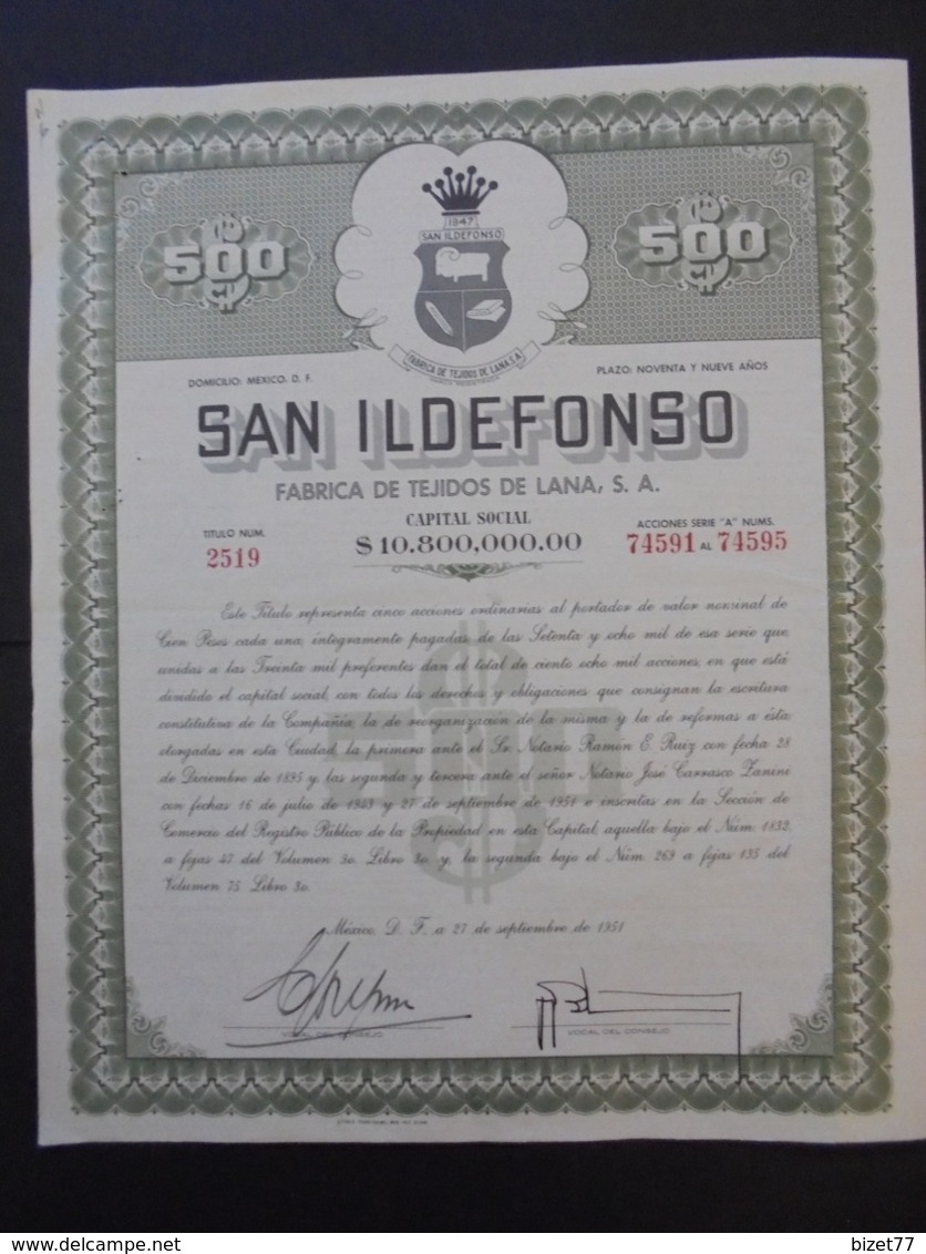 MEXIQUE - MEXICO 1951 - SAN ILDEFONSO, FABRICA DE TEJIDOS DE LANA - TITRE DE 500 PESOS - Other & Unclassified