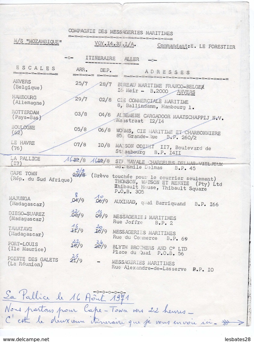 COMPAGNIE DES MESSAGERIES MARITIMES  "MOZAMBIQUE " Commandant E. LE FORESTIER  ITINERAIRE  - JAN 2020 GERA ALB - Autres & Non Classés