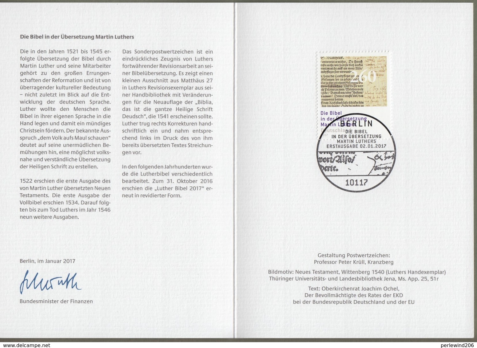 Bund: Minister Card - Ministerkarte Typ VII, Mi.-Nr. 3277 ESST : " Die Bibel In Der Übersetzung Martin Luther " !   X - Lettres & Documents