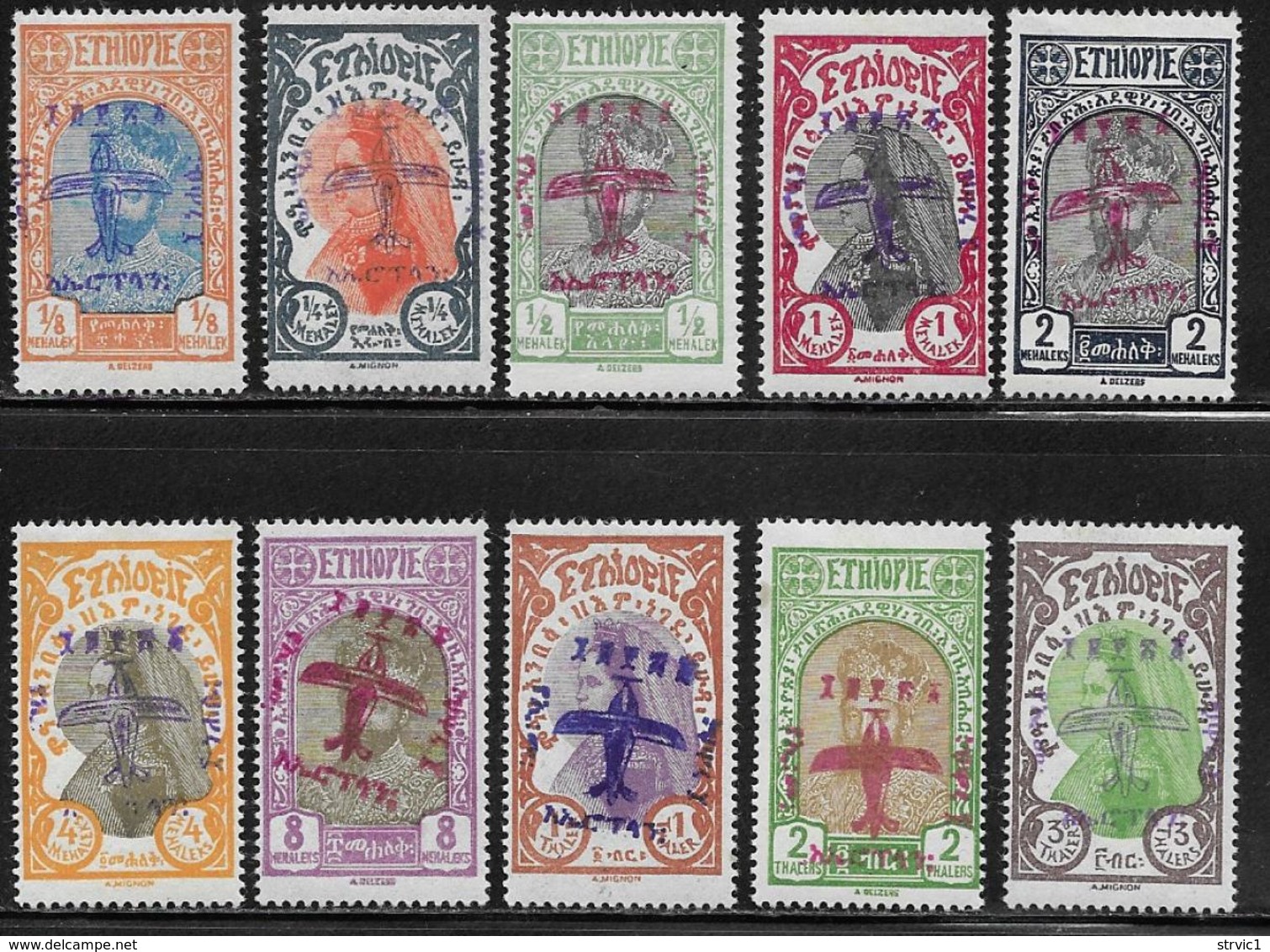 Ethiopia Scott # C1-10 Mint Hinged 1928 Stamps Handstamped With Airplane, 1929 - Ethiopia