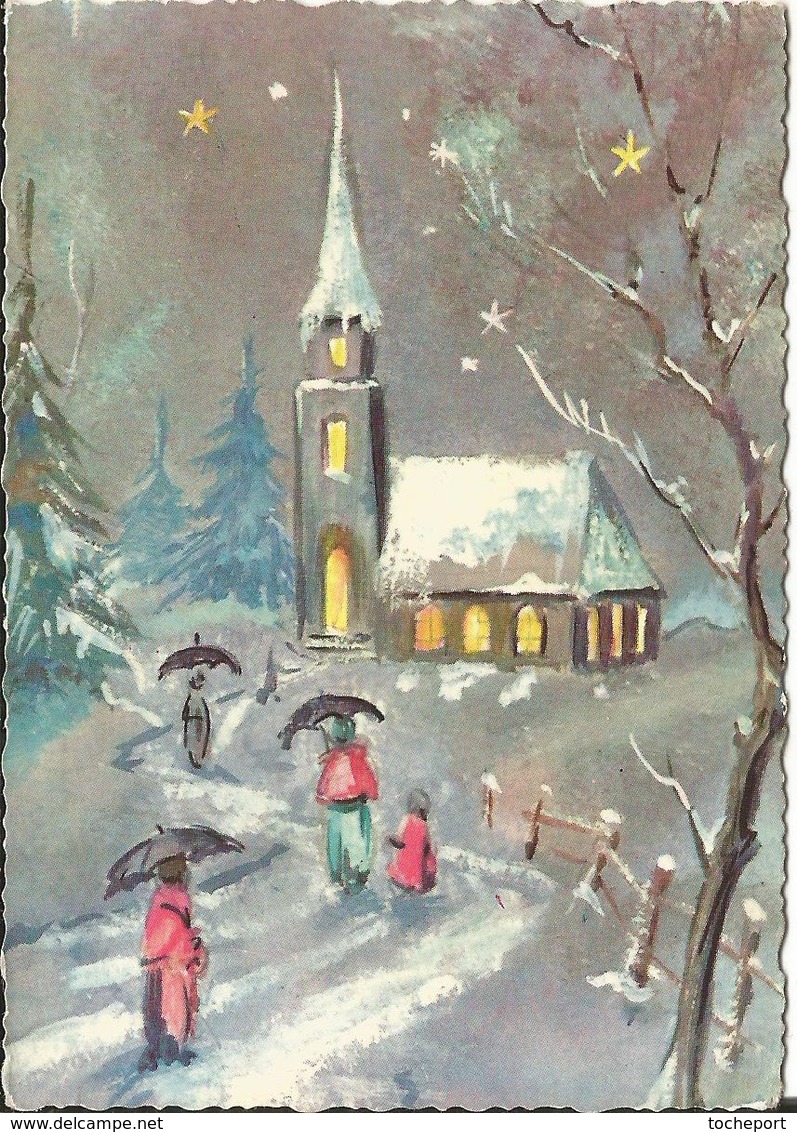 MIGNONNETTE ILLUSTRATEUR  W JOYEUX NOEL MIGNONNETTE BONNE ANNEE  1965  COUPLE  PARAPLUIE NEIGE SAPIN EGLISE - Autres & Non Classés