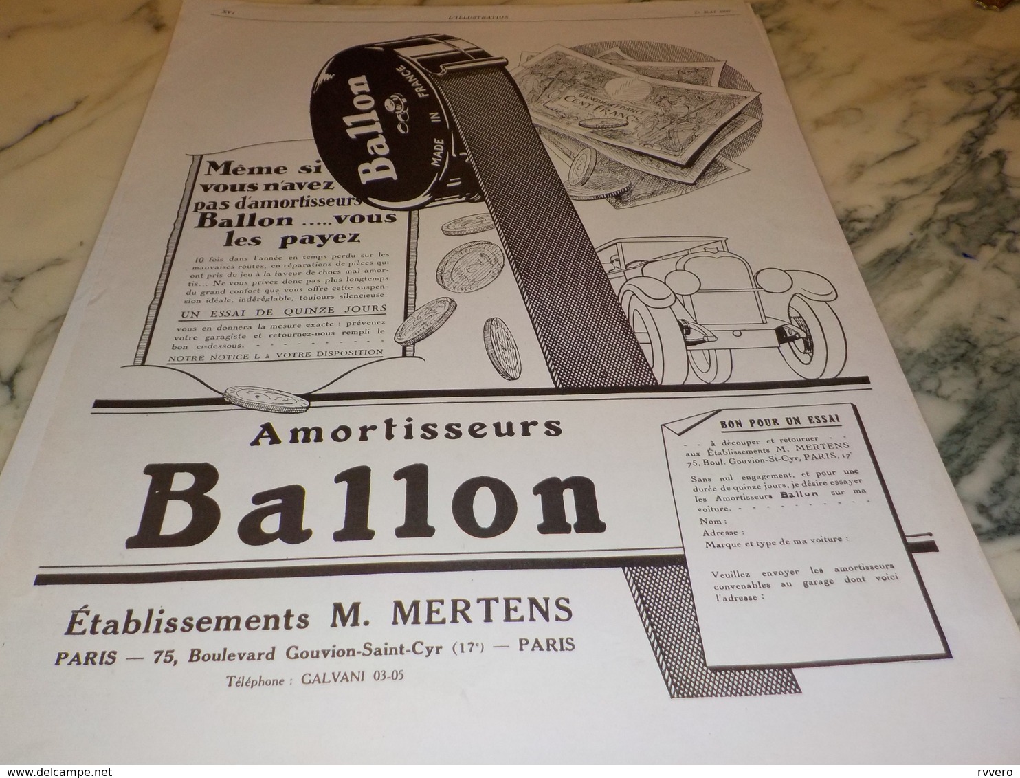 ANCIENNE PUBLICITE AMORTISSEURS BALLON 1927 - Autres & Non Classés