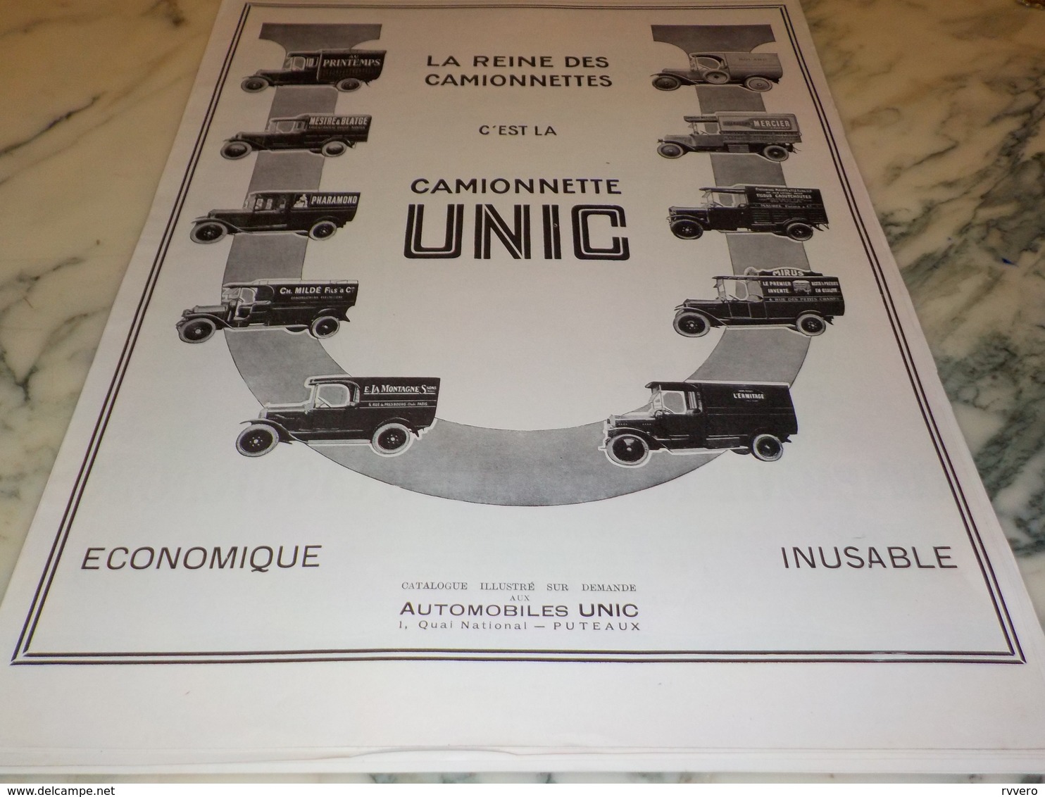 ANCIENNE PUBLICITE LA REINE DES  CAMIONNETTE UNIC   1927 AU PRINTEMPS - Camions