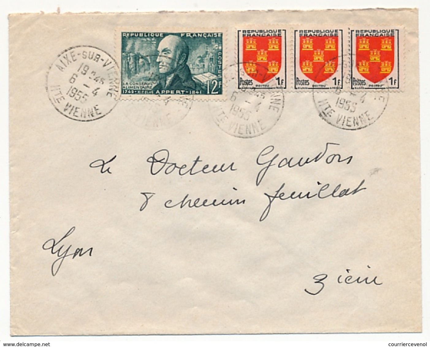 Enveloppe - Affr. Composé 12F Appert + Blason Poitou X3 - AIXE SUR VIENNE (Hte Vienne) 1955 - Covers & Documents