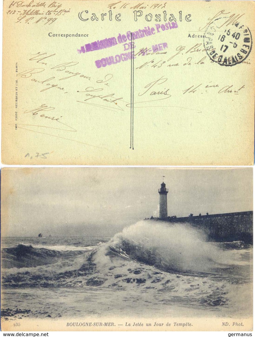 GUERRE 14-18 COMMISSION DE CONTRÔLE POSTAL DE BOULOGNE S/-MER – PAS DE CALAIS TàD Du 16-5-17 - WW I