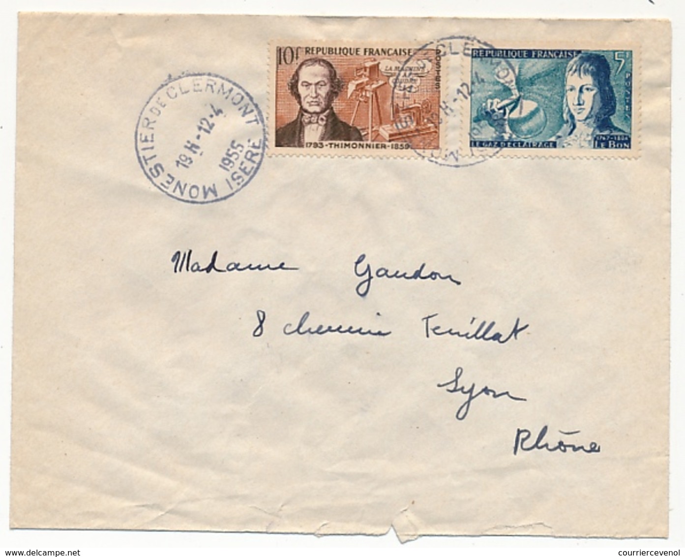 Enveloppe - Affr. Composé 10F Thimonnier + 5F Appert - MONESTIER DE CLERMONT (Isère) 1955 - Covers & Documents