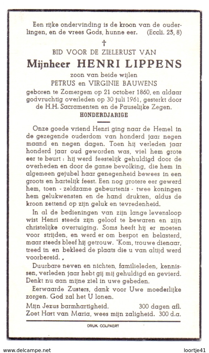 Devotie - Doodsprentje Overlijden - 100 Jarige Henri Lippens - Zomergem 1860 - 1961 - Décès