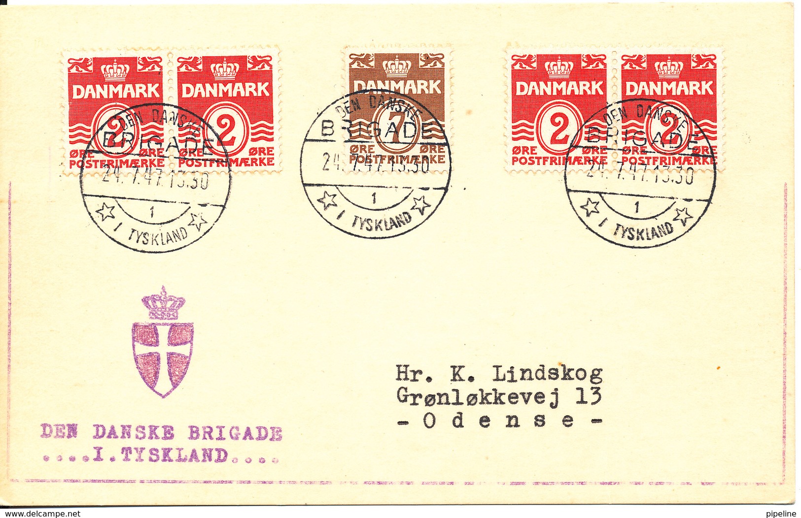 Denmark Card 24-7-1947 DEN DANSKE BRIGADE I TYSKLAND Sent To Denmark - Lettres & Documents