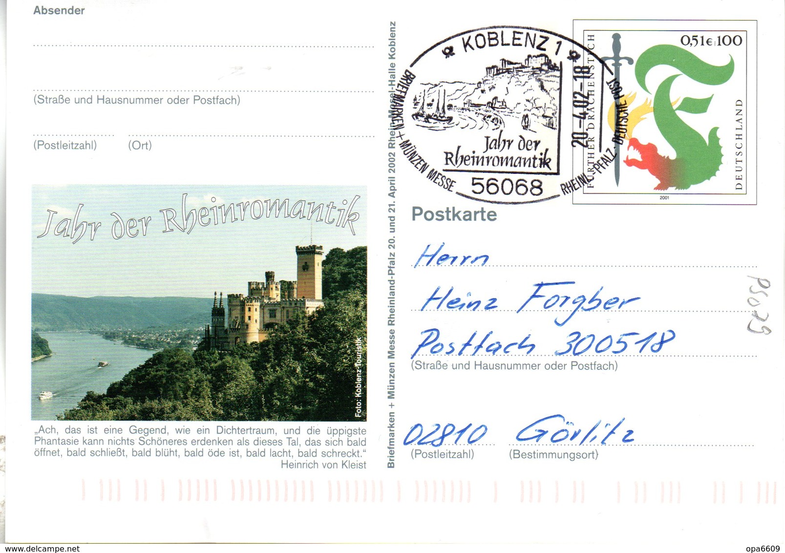 BRD Amtl. GZS-Sonderpostk. PSo 79 "BM+Münzen Messe Rheinland-Pfalz" WSt "Further Drachenstich" SSt. 20.4.2002 KOBLEN 1 - Postkarten - Gebraucht