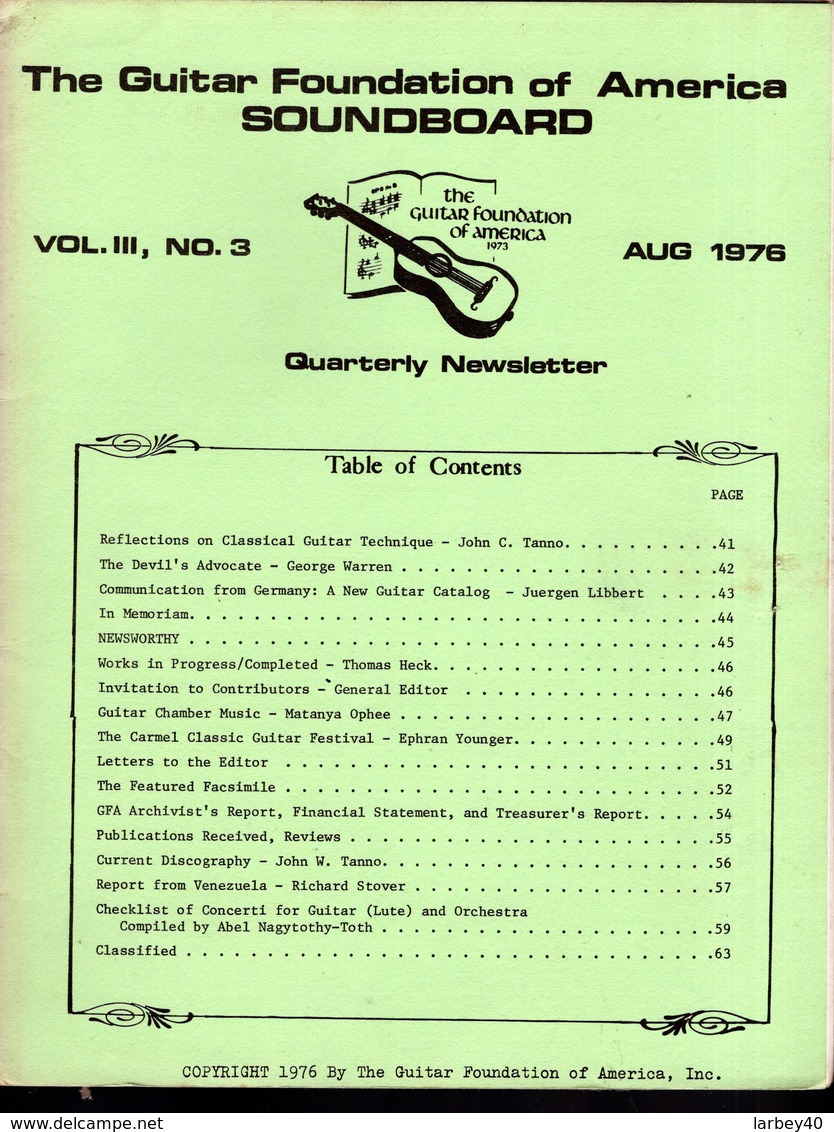 Revue Guitare Soundboard Guitar Fondation Of America N° 3 - 1976 - Art