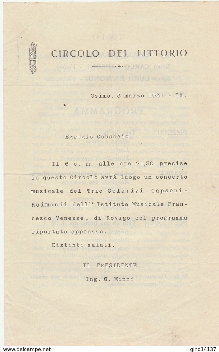 Carta Intestata CIRCOLO DEL LITTORIO Osimo 1931 - Invito Concerto Colarizi Trio - Altri & Non Classificati