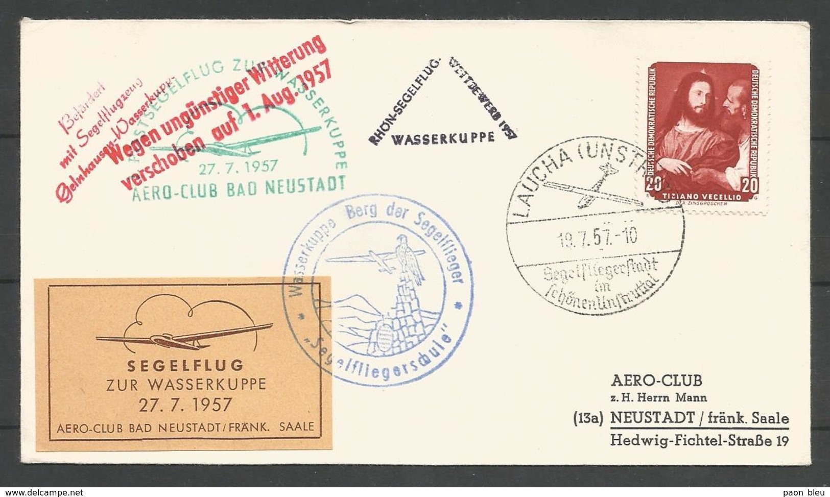 Aérophilatélie - DDR - Lettre 1957 - Segelflug - Planeur - Aero-club Bad Neustadt - Laucha - Vol Reporté - Andere & Zonder Classificatie